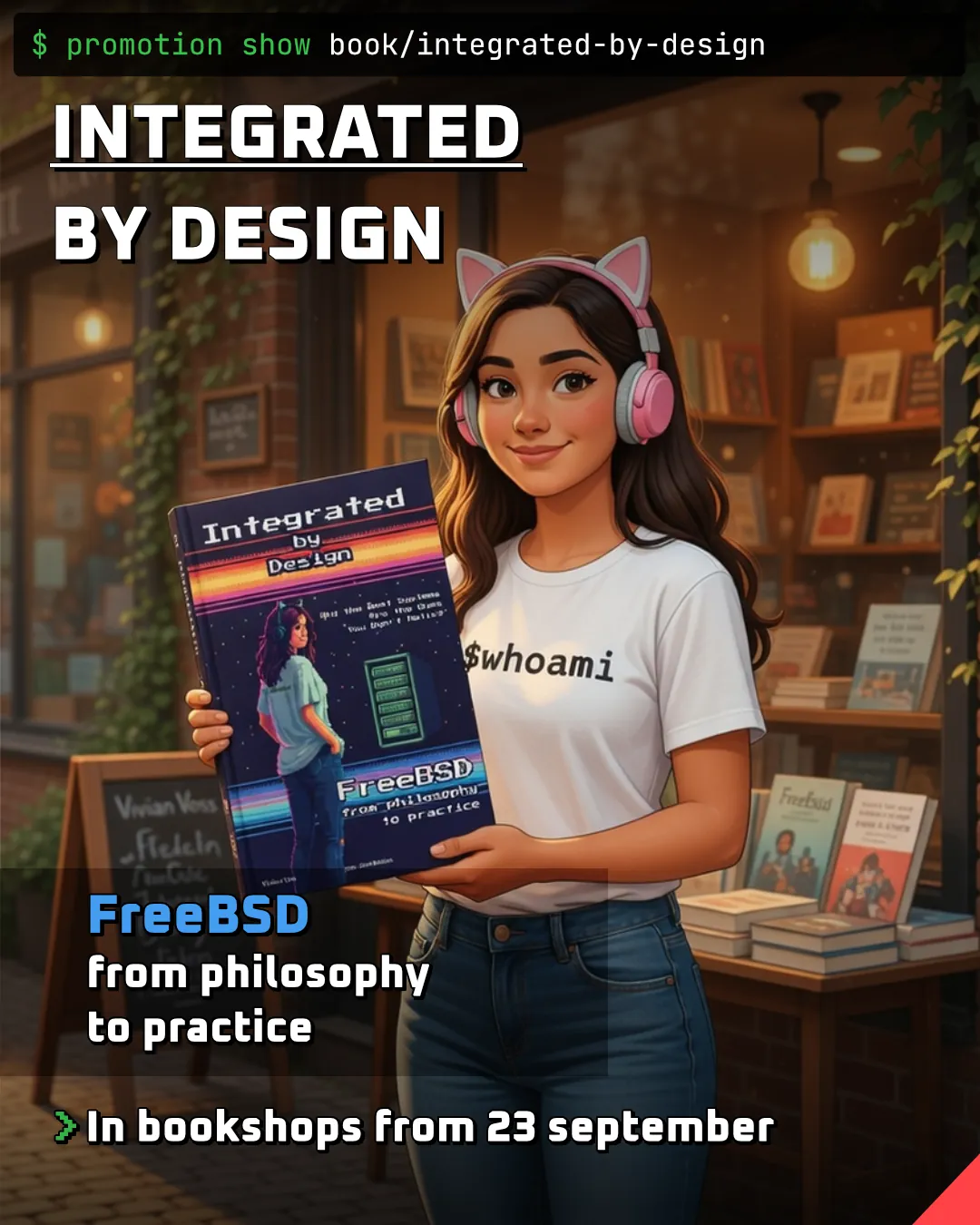 An illustrated woman in cat-ear headphones and a $whoami T-shirt stands outside a lit bookshop at dusk, holding up a copy of Integrated by Design. The overlay reads: $ promotion show book/integrated-by-design, Integrated by Design, FreeBSD from philosophy to practice, in bookshops from 23 September.